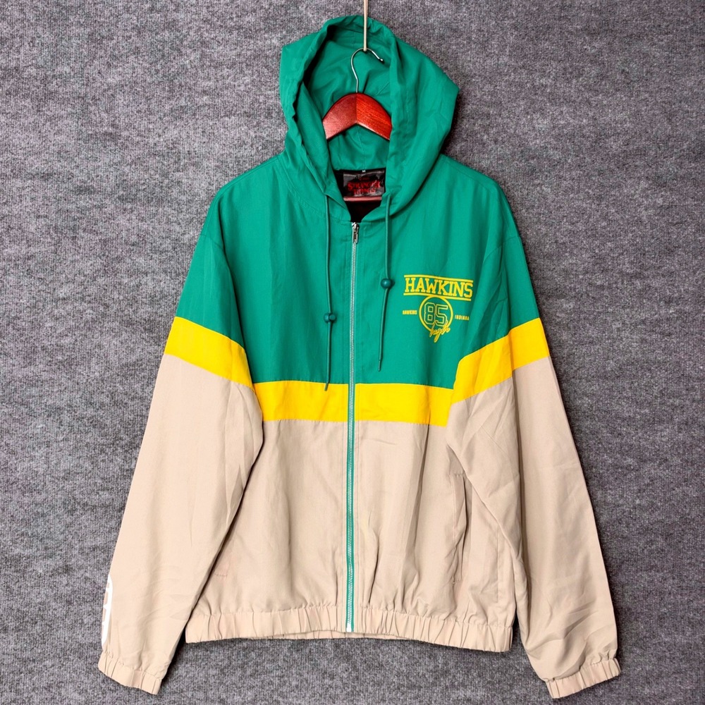 Stranger Things Hawkins High 85 Windbreaker Jacket Green Tan Mens Medium Netflix
